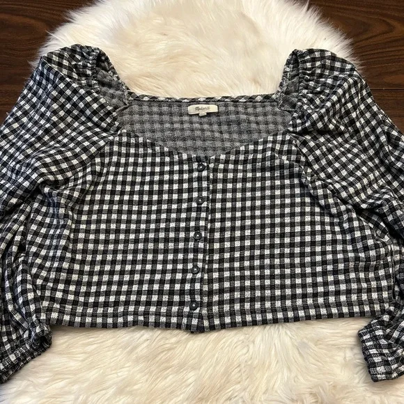 MADEWELL Gingham Puff-Sleeve Button-Front Crop Top - Picture 3 of 12